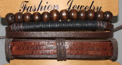3 Bracelets ajustable simili cuir, perles en bois et coton ciré N°148