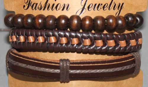 3 Bracelets ajustable simili cuir, perles en bois et coton ciré N°158