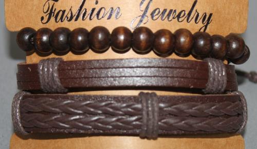 3 Bracelets ajustable simili cuir, perles en bois et coton ciré N°154