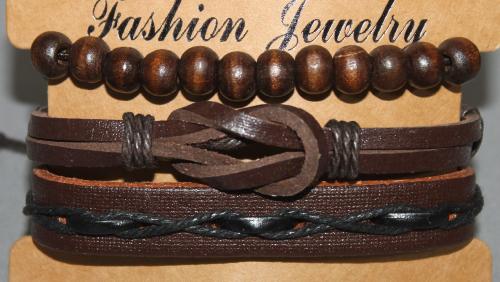 3 Bracelets ajustable simili cuir, perles en bois et coton ciré N°150