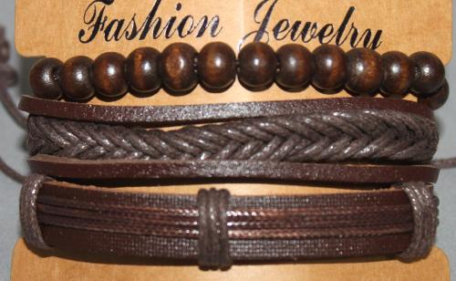 3 Bracelets ajustable simili cuir, perles en bois et coton ciré N°151