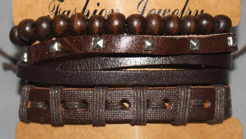 3 Bracelets ajustable simili cuir, perles en bois et coton ciré N°147